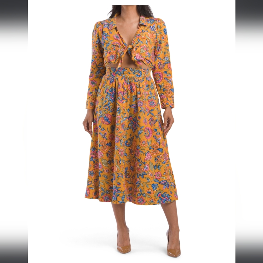 House Of Harlow Mustard Tie Front Floral Maxi Dress Snap Buttons Medium